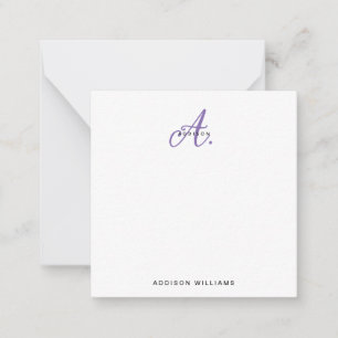 Cartão De Notas Monograma de Script Violeta Roxo Elegante