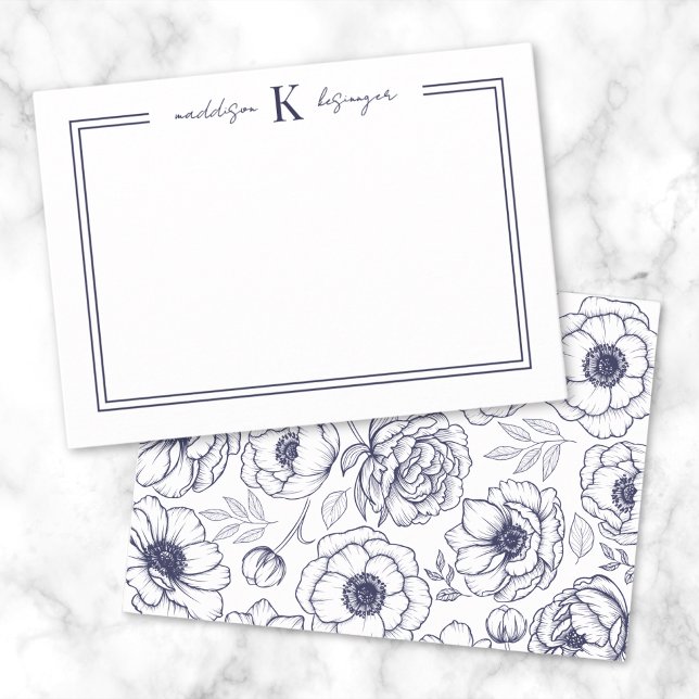 Cartão De Notas Monograma do Nome Floral Azul marinho (Navy Blue Floral Name Monogram Note Card)