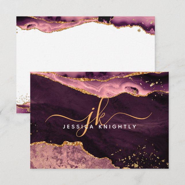 Cartão De Notas Monograma do Script Glitter Dourado de Geode Agato (Frente/Verso)