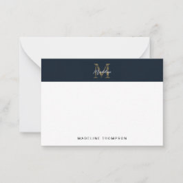 Cartão De Notas Monograma Dourado Azul Naval Script Mínimo