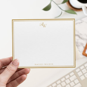 Cartão De Notas Monograma Dourado Elegante com Duas Bordas