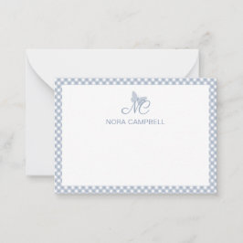 Cartão De Notas Monograma Elegante Azul de Gingham Personalizado