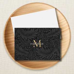 Cartão De Notas Monograma Elegante em Preto e Dourado com Floral e