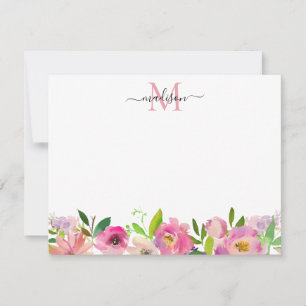Cartão De Notas Monograma Feminino de Pastel Pastel de Peonia Flor
