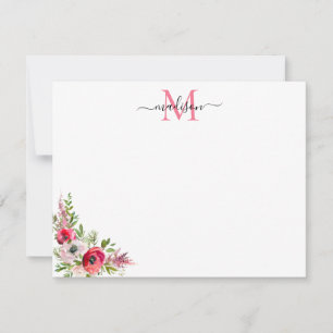 Cartão De Notas Monograma Festivo de Natal Floral Rosa Vermelho