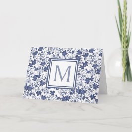 Cartão De Notas Monograma Floral Azul e Cinza