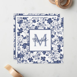 Cartão De Notas Monograma Floral Azul e Cinza