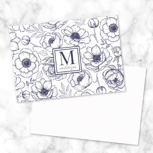Cartão De Notas Monograma Floral Azul Marinho