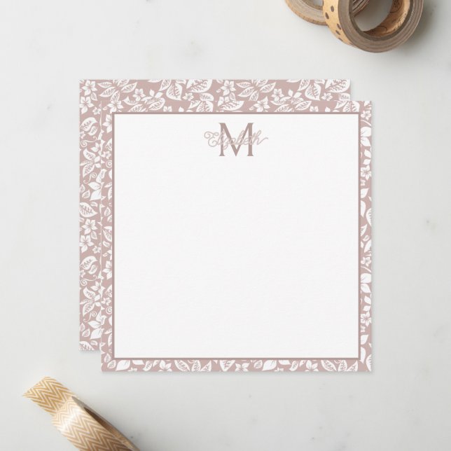 Cartão De Notas Monograma Floral Bege e Branco Suave (Frente/Verso In Situ)