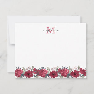 Cartão De Notas Monograma Floral Borgonha Vermelha Elegante