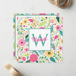 Cartão De Notas Monograma Floral de Primavera Rosa Amarelo e Turqu