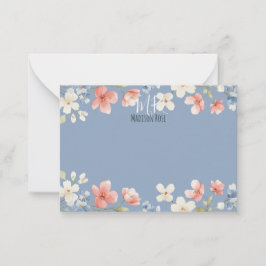 Cartão De Notas Monograma Floral Personalizado em Aquarela Azul