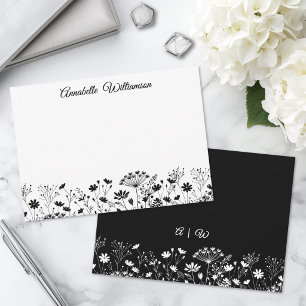 Cartão De Notas Monograma Floral Preto e Branco Elegante