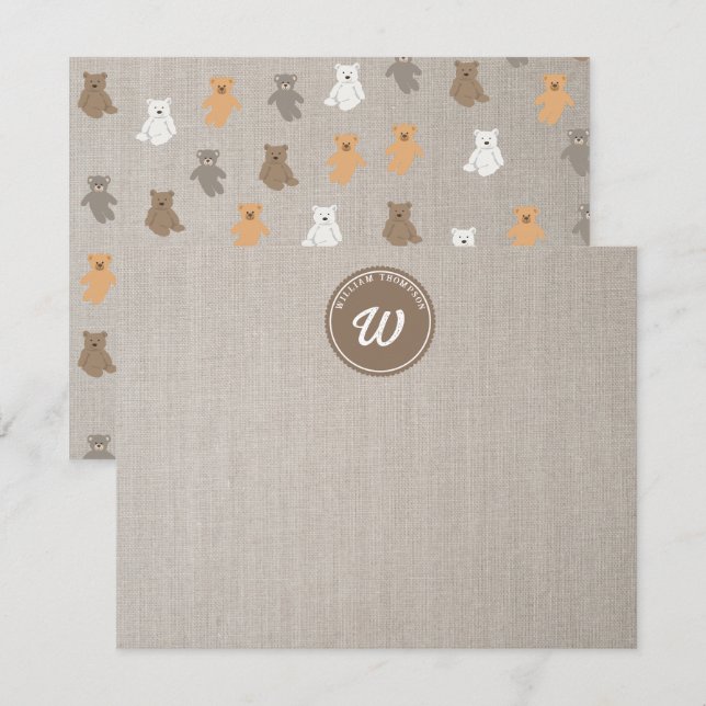 Cartão De Notas Monograma inicial do padrão do Urso Justo (Frente/Verso)