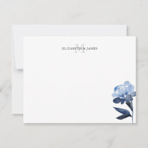 Cartão De Notas Monograma Inicial Floral Azul Personalizado Casal