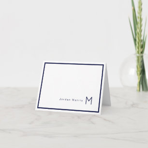 Cartão De Notas Monograma Minimalista Azul Marinho Chic Bordado
