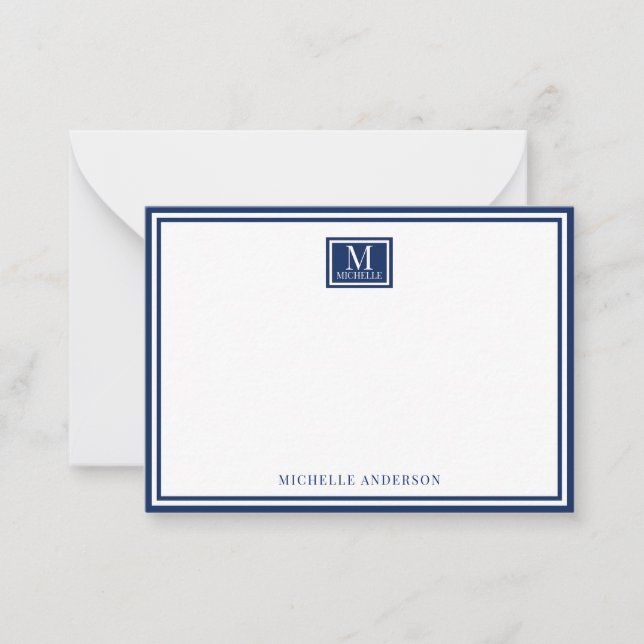 Cartão De Notas Monograma Minimalista de Duas Bordas Nome Azul-Nav (Frente)