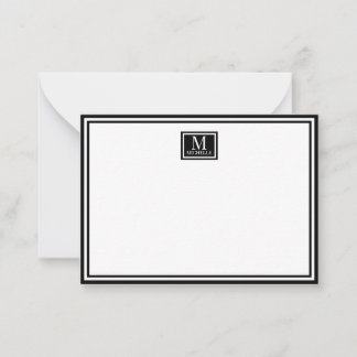 Cartão De Notas Monograma Minimalista de Duas Bordas Nome Preto