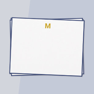 Cartão De Notas Monograma Minimalista Dourado com Borda Azul Marin