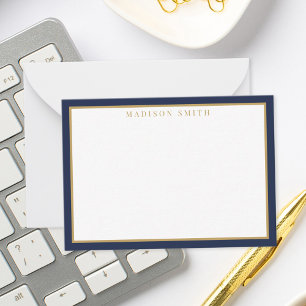 Cartão De Notas Monograma minimalista em azul marinho e dourado