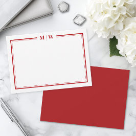 Cartão De Notas Monograma Minimalista Vermelho com Duas Bordas