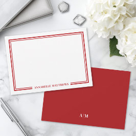 Cartão De Notas Monograma Minimalista Vermelho com Duas Bordas