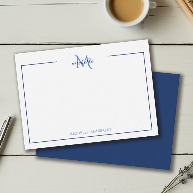 Cartão De Notas Monograma Mínimo Azul Marinho e Branco (Minimal Navy Blue and White Monogram Note Card)