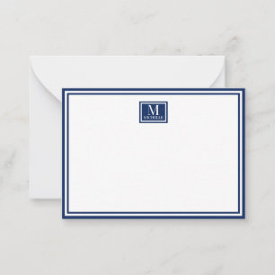 Cartão De Notas Monograma Mínimo de Duas Bordas Nome Azul-Navy