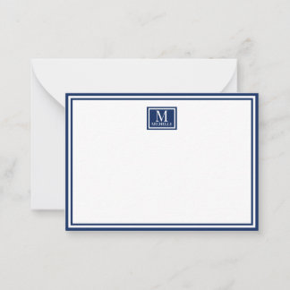 Cartão De Notas Monograma Mínimo de Duas Bordas Nome Azul-Navy