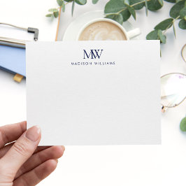Cartão De Notas Monograma Moderno Simples Elegante Azul Marinho