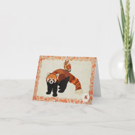 Cartão De Notas Monograma Notecard da panda vermelha & da coruja