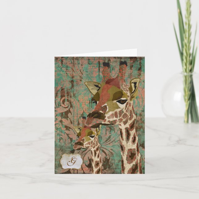 Cartão De Notas Monograma Notecard do damasco dos girafas de Rosa (Frente)