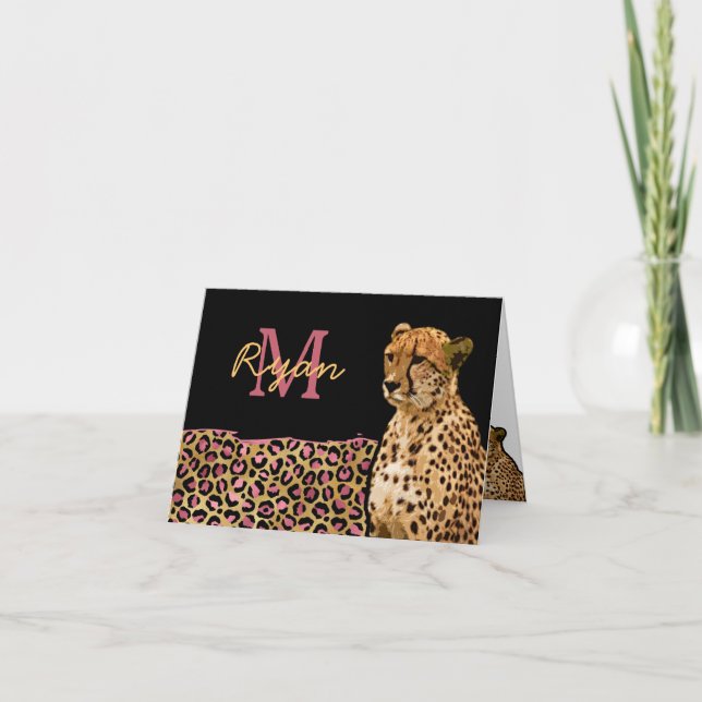 Cartão De Notas Monograma personalizado Dourado rosa Leopard Cheet (Frente)