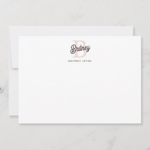 Cartão De Notas Monograma Personalizado Moderno e Nome Pastel Rosa