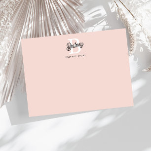 Cartão De Notas Monograma Personalizado Moderno e Nome Rosa Pastel