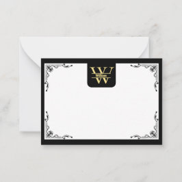 Cartão De Notas Monograma Preto e Dourado | Rótulo Inicial Elegant