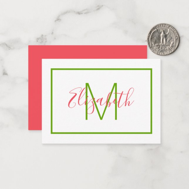Cartão De Notas Monograma Rosa e Verde Preppy (Frente/Verso In Situ)