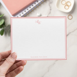 Cartão De Notas Monograma Rosa Elegante com Duas Bordas