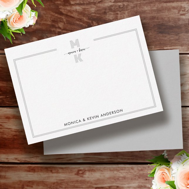 Cartão De Notas Monograma Simples Elegante Branco casal Preto (Wedding Couple Black White Elegant Simple Monogram Note Card)