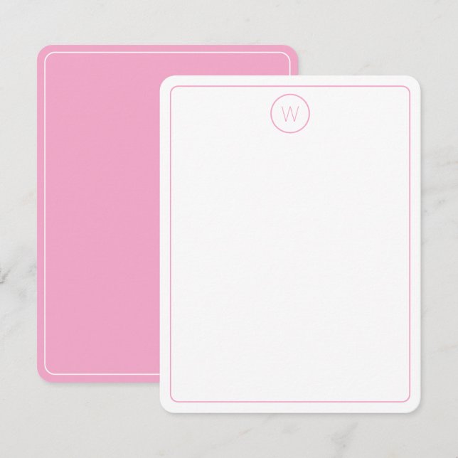 Cartão De Notas Monograma Simples Rosa e Branco (Frente/Verso)