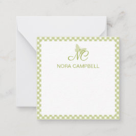Cartão De Notas Monograma Verde-Luz Gingham Personalizado
