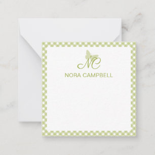 Cartão De Notas Monograma Verde-Luz Gingham Personalizado
