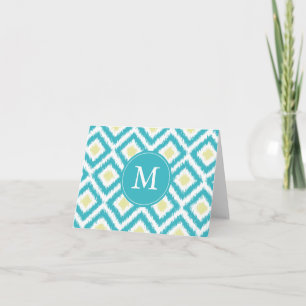 Cartão De Notas Monogrammed Aqua Lemon Diamonds Ikat Pattern