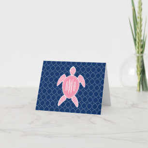 Cartão De Notas Monogrammed Pink Sea Turtle Blue Quatrefoil