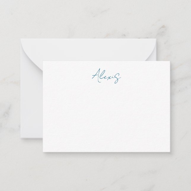 Cartão De Notas Name Calligraphy Script Plain Simple White Blue (Frente)