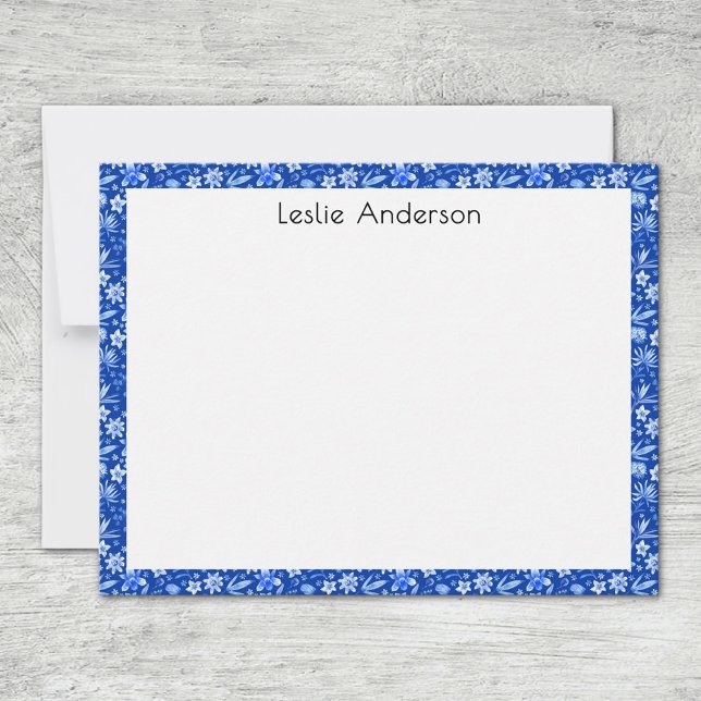 Cartão De Notas Name, Cobalt Blue Tropical Leaves & Flowers Frame (Criador carregado)