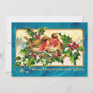 Cartão De Notas Natais vintages saudando Aves Holly Faux Dourado