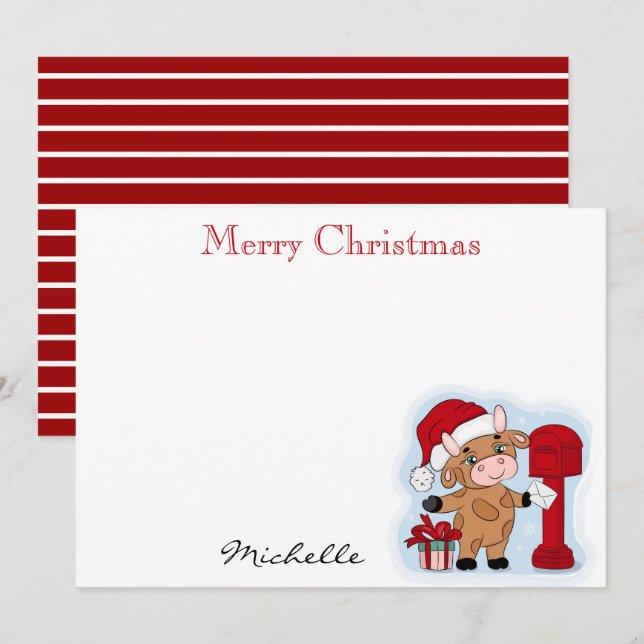 Cartão De Notas Natal com Monograma Festa Cute Vaca Personalizado (Frente/Verso)