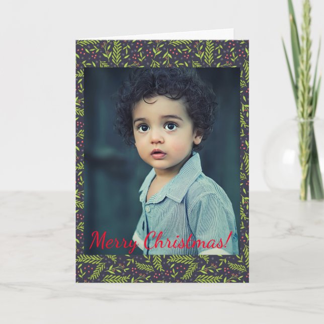 Cartão De Notas Natal Cypress Flocos de Neve Berries Foto Vermelha (Frente)