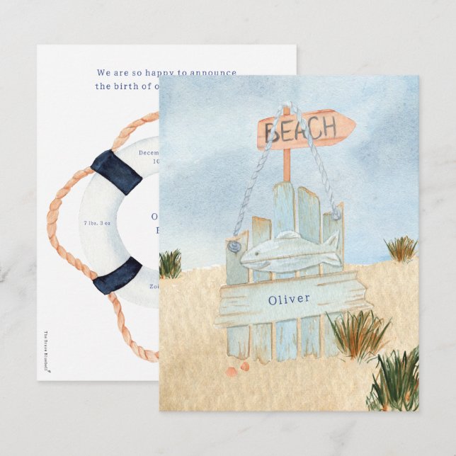 Cartão De Notas Nautical Beach Ocean Lifebuoy Birth Announcement (Frente/Verso)